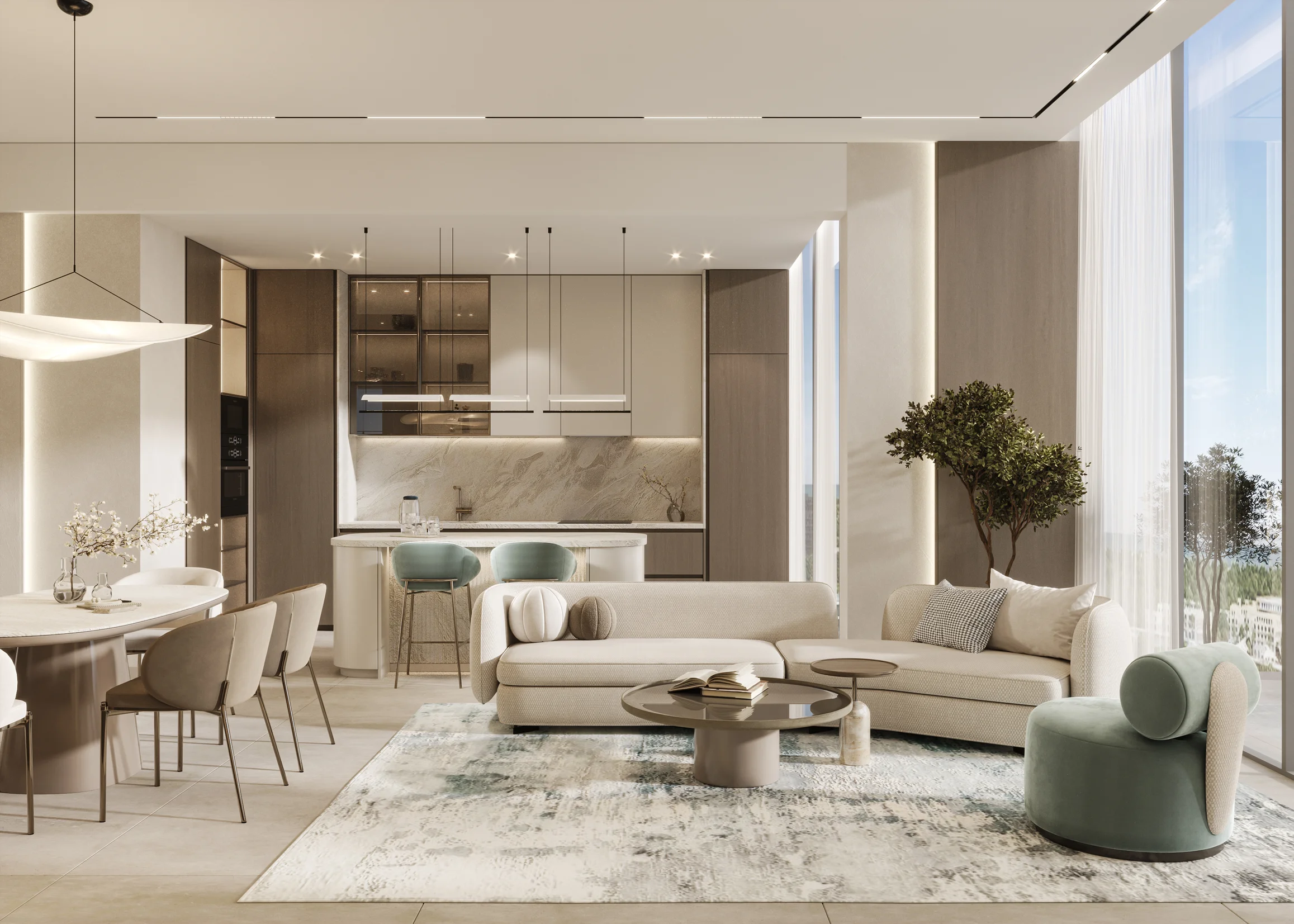 Living room with floor-to-ceiling windows facing the sea