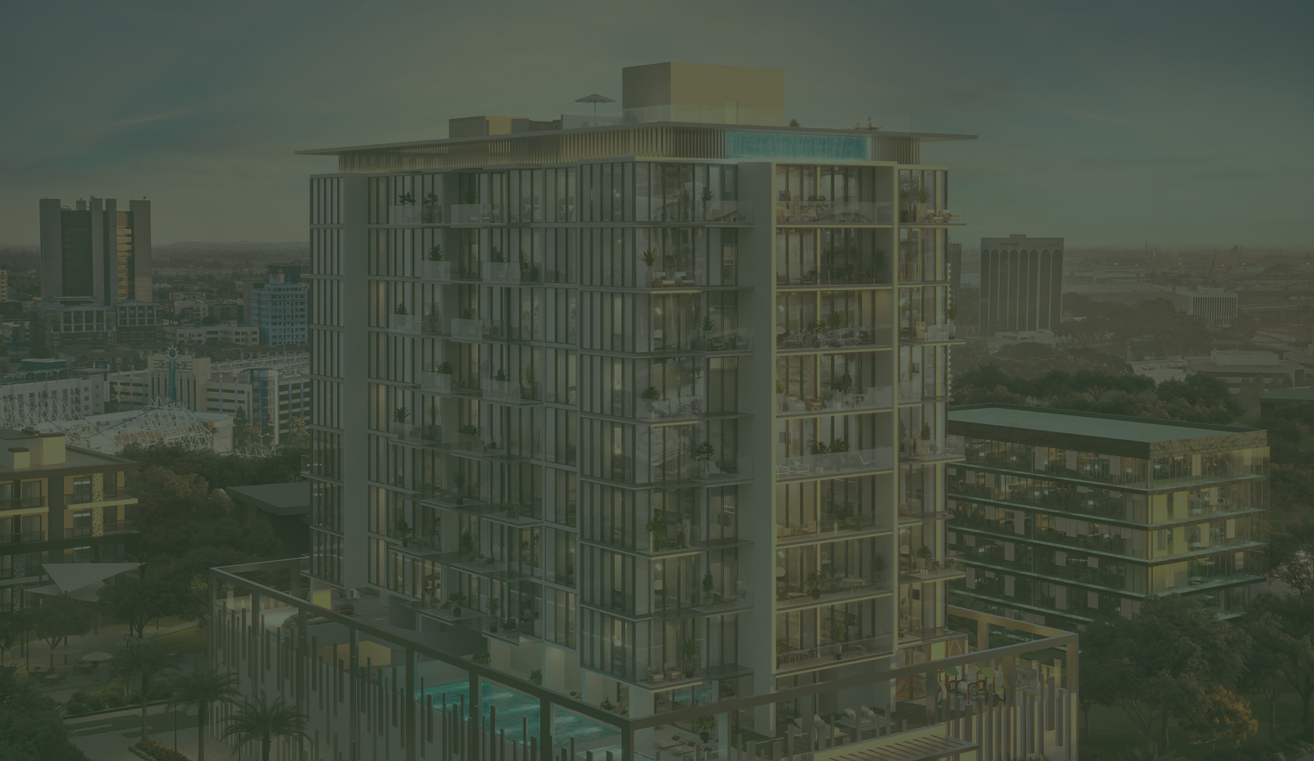 Allegro Residences facade at dusk with warm interior lighting